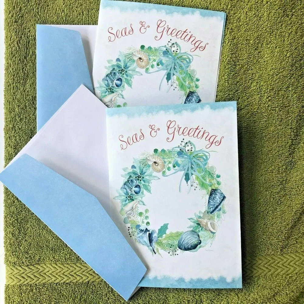 Carol Robinson Christmas Wreath Cards Sea Greetings Set of 2 New with En…